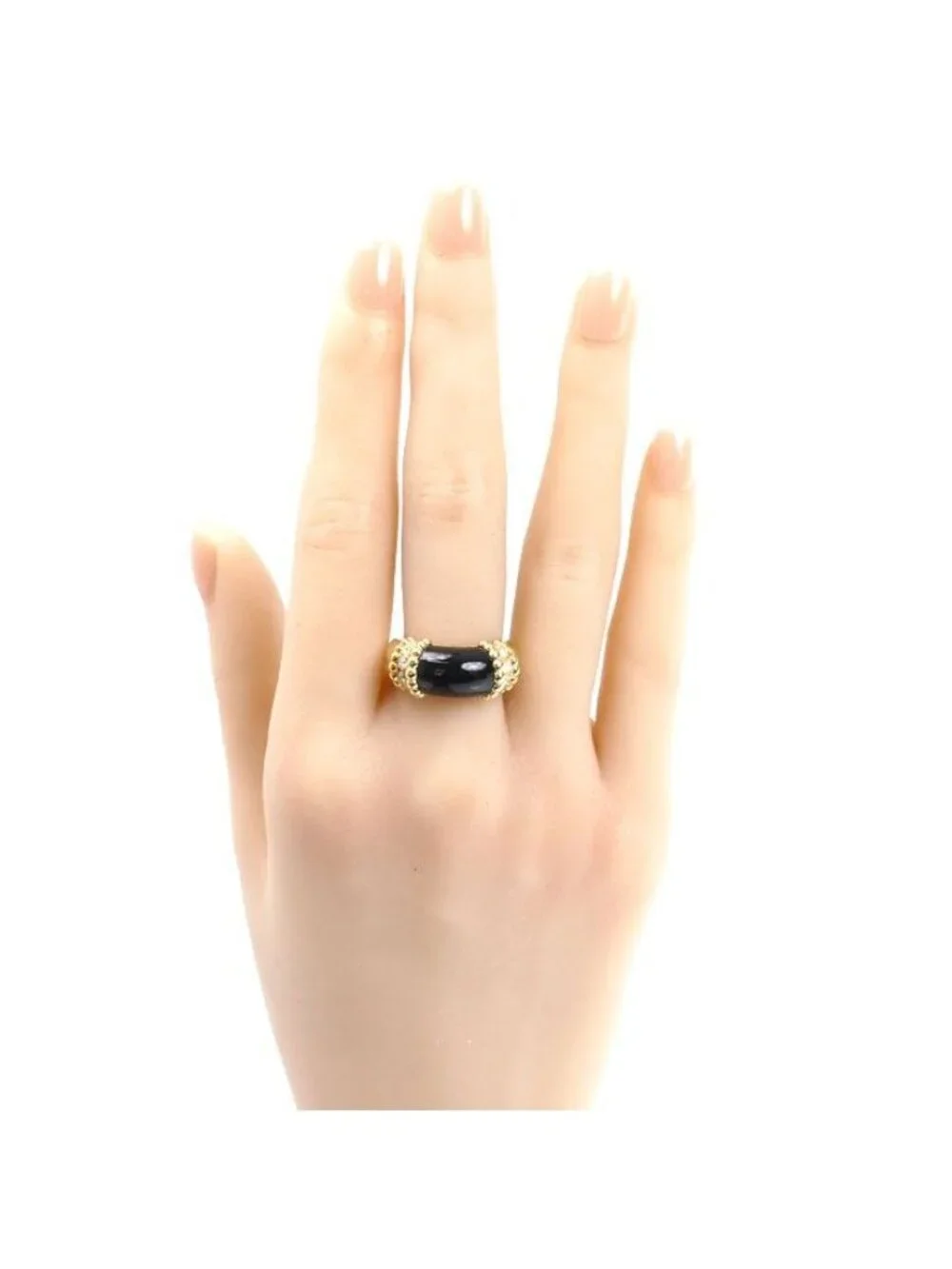 Van Cleef & Arpels 18K Yellow Gold Perlee Coule Ring Diamond Onyx